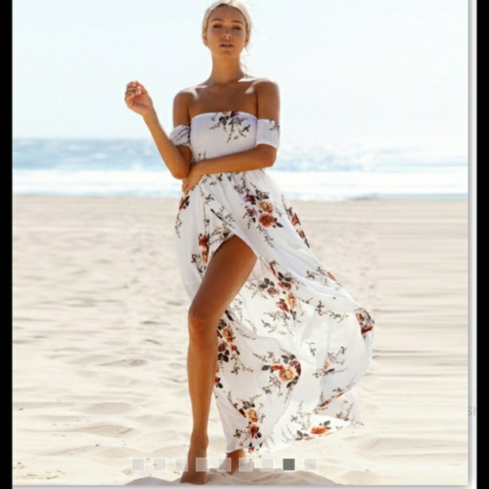 Beautiful crepe off the shoulder floral maxi dress